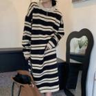 Striped Round-neck Knit Dress Stripe - Almond & Black - One Size
