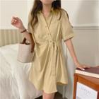 Elbow-sleeve Asymmetrical Mini A-line Shirtdress Pink - One Size