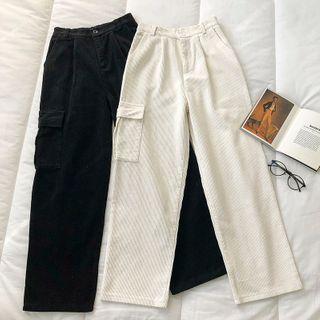 Plain Cargo High-waist Straight-cut Pants