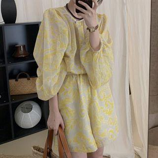 Set: Puff Sleeve Floral Blouse + Wide Leg Shorts Yellow - One Size