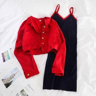 Set: Denim Jacket + Spaghetti Strap Knit Dress
