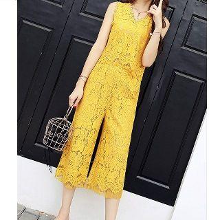 Set: Sleeveless Lace Top + Cropped Wide-leg Pants