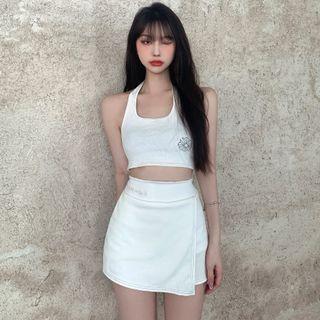 Halter Logo Print Crop Top / High Waist Contrast Stitch Mini Skort