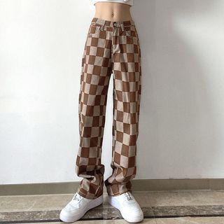 Low Rise Checkered Loose Fit Jeans