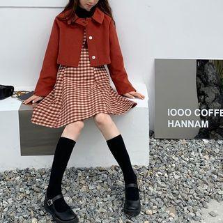 Plain Crop Jacket / Check Sleeveless Dress