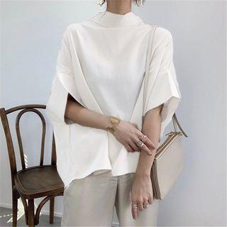 Elbow Sleeve Mock Neck Plain Top