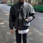 Long-sleeve High-neck Faux Leather Jacket