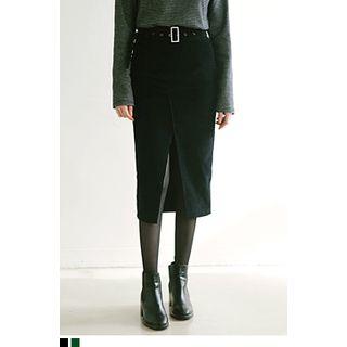 Slit-front Corduroy Midi Skirt With Belt