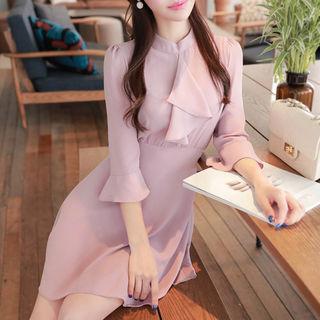 Tie-waist Ruffle-trim Chiffon Dress Pink - One Size