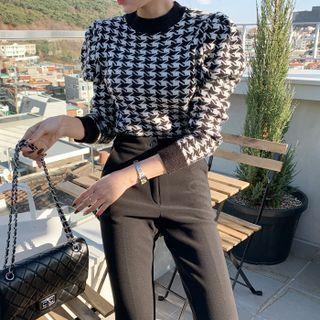 Puff-shoulder Patterned Cropped Knit Top