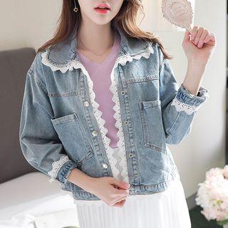 Lace-trim Pocket-detail Denim Jacket Blue - One Size