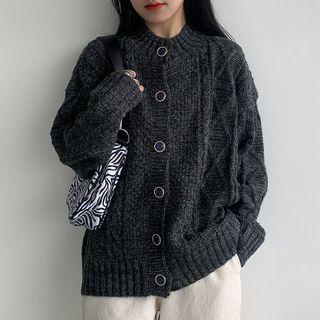 Round Neck Cable Knit Cardigan Charcoal Black - One Size