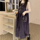 Sleeveless Embroidered Corduroy Dress / Long-sleeve Plain High-neck Top