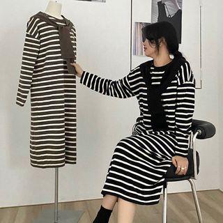 Set: Striped Knit Midi Dress + Shawl