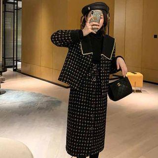 Set: Houndstooth Button Jacket + Suspender A-line Skirt