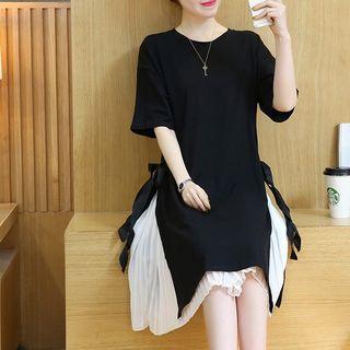 Set: Plain Slipdress + Side Slit Elbow-sleeve Dress
