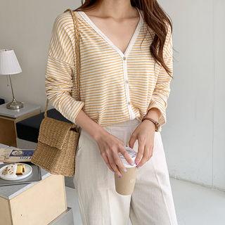 V-neck Linen Blend Striped Cardigan
