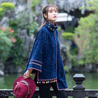 Long-sleeve Tasseled Long Hanfu Top Navy Blue - One Size