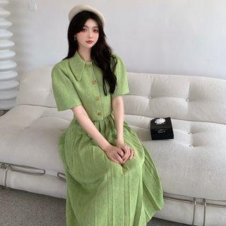 Puff-sleeve Blouse / Midi Accordion Pleat Skirt