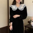 Long-sleeve Lace Collar Maxi A-line Dress Black - One Size