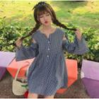 Cold Shoulder Gingham Bell-sleeve A-line Dress