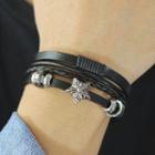 Stainless Steel Star Leather Layered Bracelet 1416 - Black & Silver - One Size