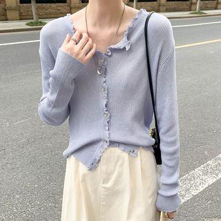 Plain Button-up Ruffle Knit Cardigan