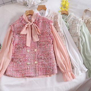 Set Of 2: Double-breasted Vest + Puff-sleeve Blouse