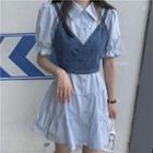 Plain Puff-sleeve Shirtdress / V-neck Denim Tank Top