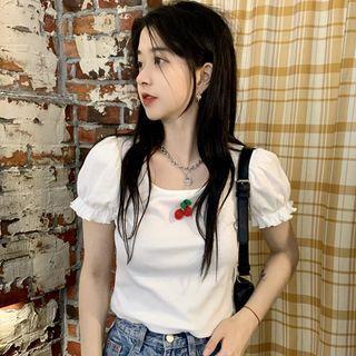 Puff-sleeve Cherry-accent Crop Top