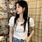 Puff-sleeve Cherry-accent Crop Top