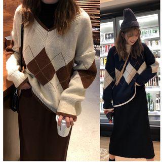 Argyle Sweater / Midi A-line Skirt