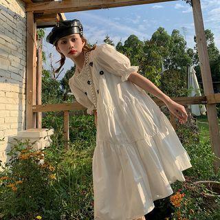 Floral Pleated A-line Dress White - One Size