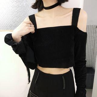 Plain Cropped Off Shoulder Long Sleeve Top