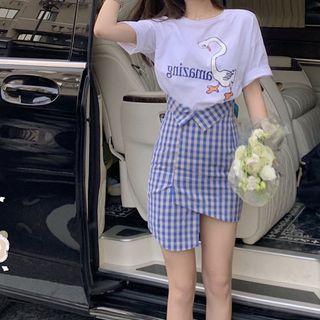 Set: Goose Print Elbow-sleeve T-shirt + Asymmetric Plaid Mini Pencil Skirt