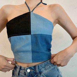 Halter-neck Color Block Top Blue - One Size