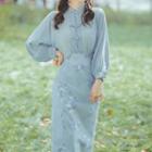Set: Puff-sleeve Blouse + Floral Embroidered Midi A-line Skirt