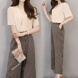 Set: V-neck Short-sleeve Top + Striped Wide Leg Pants