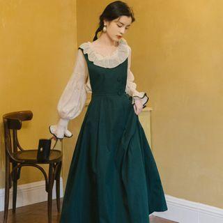 Set: Bell-sleeve Blouse + Midi A-line Overall Dress