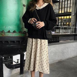 Long-sleeve Dotted A-line Midi Dress Dress - Almond - One Size
