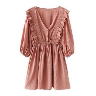 3/4 Sleeve Frill Trim V-neck Dress