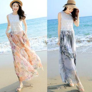 Lace Tank Top / Floral Print Wide-leg Pants