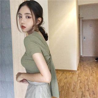 Plain Lace-up Backless Short-sleeve T-shirt