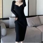 Long-sleeve Plain Slim Fit Midi Dress