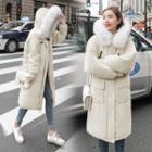 Furry-trim Hooded Padded Long Buttoned Coat