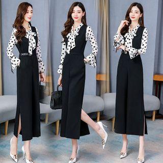 Set: Bell-sleeve Dotted Shirt + Wide-leg Jumper Pants