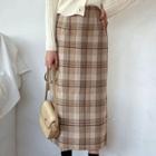 High-waist Slit Plaid Woolen Long Skirt