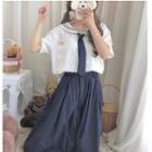 Short-sleeve Sailor Collar Blouse / A-line Skirt