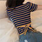 Striped Bow-accent Short-sleeve Slim-fit Top