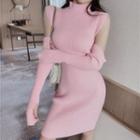 Set: Mock-turtleneck Ribbed Knit Dress + Arm Sleeves